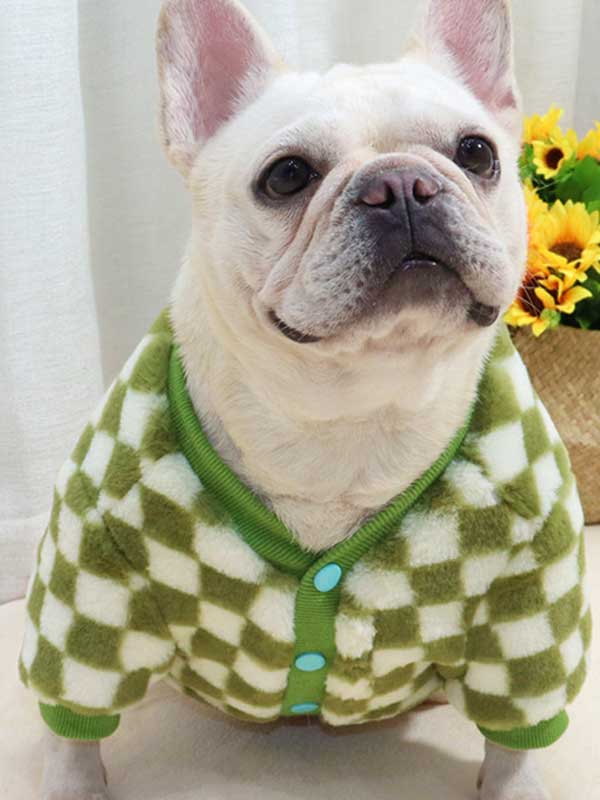 GMTPET Green and white checkerboard fat dog bulldog pug dog French fighting winter clothes plus velvet thick cardigan plush sweater 107-222039 www.gmtpetproducts.com