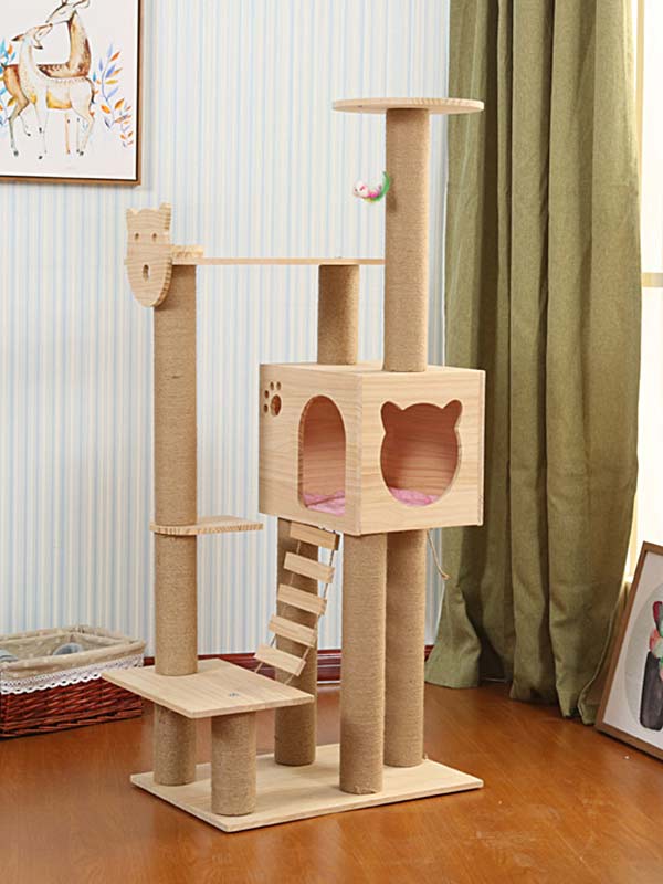Wholesale cat climbing tower pine hemp rope column ladder cat house cat toy three platform 06-1164 Pet Products Factory, OEM Manufacturer, Supplier, Agent www.gmtpetproducts.com Wholesale cat climbing tower pine hemp rope column ladder cat house