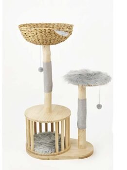 Modern Cat Condo with Toys, interactive cat furniture with hanging toys