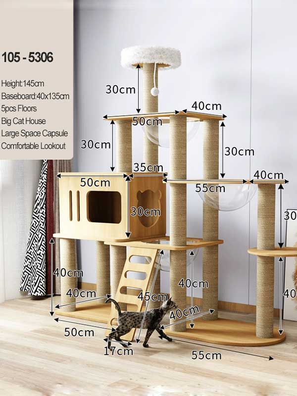 Luxury Cat Tree 57.13 IN MDF Board with 6.5cm Pillar for Large Cats